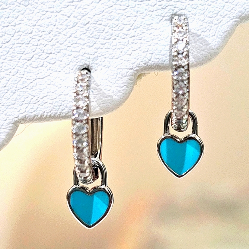 925 STERLING SILVER CRYSTAL DIAMOND CZ TIFFANY BLUE ENAMEL HEART HUGGIE HOOPS